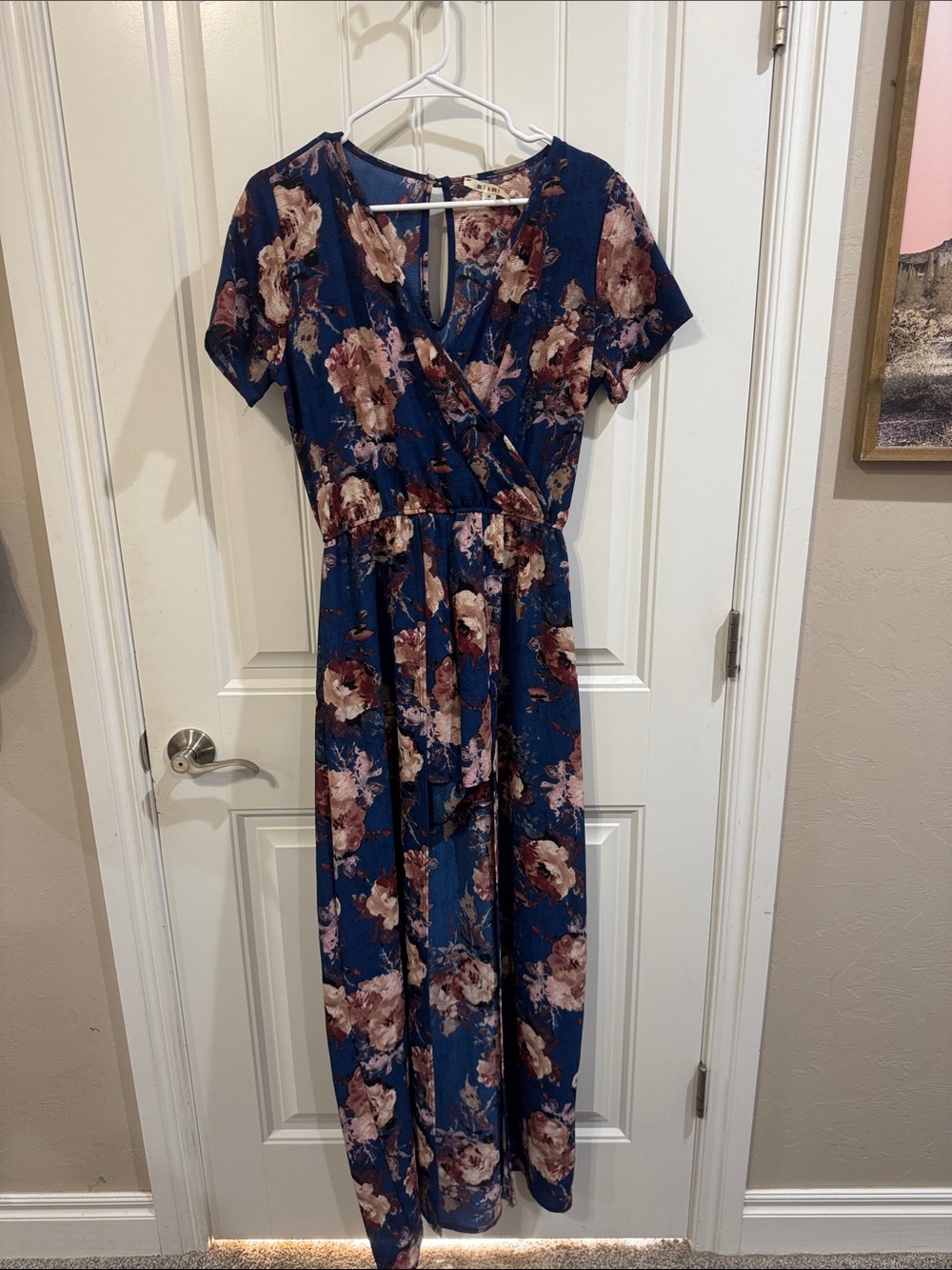 Floral High Low Dress with Built in Shorts— Navy Blue with Blush Floral